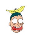 Head with banana. Vector. Flat style. Cheerful crazy character for a party. Logo, mascot. The image of a sick person and a