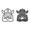 Head of barbarian in helmet with horns line and solid icon, fairytale concept, Viking Head in Helmet sign on white