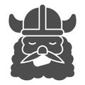 Head of barbarian in helmet with horns solid icon, fairytale concept, Viking Head in Helmet sign on white background