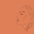 Head of beautifull young woman on red background. one line design