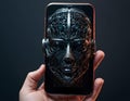 The head of a bionic robot on a smartphone screen. Artificial intelligence.