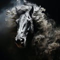 Head of a black horse with a flowing mane, portrait, close-up on black, Royalty Free Stock Photo