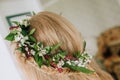 Head blond girl wreath flowers pigtail room Royalty Free Stock Photo