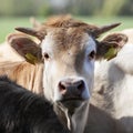 Head of blonde d`aquitaine calf that looks at camera