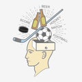 Head box: men thoughts about sports and beer. Sports fan. Royalty Free Stock Photo