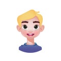 The head of a boy with blond hair and green eyes. Cute kids avatar, portrait of male kids on white background, vector cartoon
