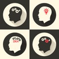 Head with brain and idea lamp bulb pictograph. Male human think symbols. Vector illustration. Royalty Free Stock Photo