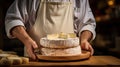 A head of brie cheese in man\'s cheesemaker hands. delicious dairy products. cheese camembert on wooden plank