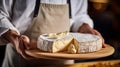 A head of brie cheese in man\'s cheesemaker hands. delicious dairy products. cheese camembert on wooden plank