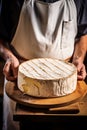 A head of brie cheese in man\'s cheesemaker hands. delicious dairy products. cheese camembert on wooden plank