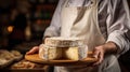 A head of brie cheese in man\'s cheesemaker hands. delicious dairy products. cheese camembert on wooden plank