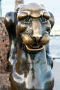 Head of a bronze winged lion, known as griffin, at Universitetskaya Embankment in Saint Petersburg, Russia