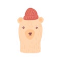 Head brown bear on white background. Cute character man in red beanie