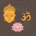 Head of Buddha. Om sign. Hand drawn lotus flower. Isolated icons of Mudra. Beautiful detailed, serene. Vintage decorative elements Royalty Free Stock Photo