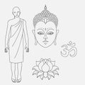 Head of Buddha. Outline buddhist monk. Om sign. Hand drawn lotus flower. Isolated icons of Mudra. Beautiful detailed, serene. Royalty Free Stock Photo