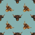 Head bull or cow hand drawn paintbrush isolated seamless pattern on blue background. Vector Royalty Free Stock Photo