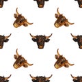 Head bull or cow hand drawn paintbrush isolated seamless pattern on white background. Vector Royalty Free Stock Photo