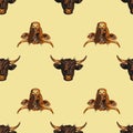 Head bull or cow hand drawn paintbrush isolated seamless pattern on yellow background. Vector Royalty Free Stock Photo