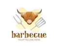 Head bull, spatula and fork, BBQ grill tool set, logo design and illustration. Barbecue, grilled, food and restaurant, vecto