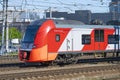 The head car of a modern electric train ES2G-007 `Lastochka`