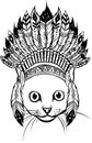 draw in black and white of head of Cat with indian hat vector