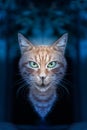 The head of a cat with terror face over a dark blue background, abstract, surreal