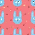 Head cheerful rabbit, stars, hearts. Seamless pattern.