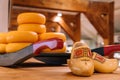 The head of cheese on the shelves of warehouse in netherlands open sky museum Zaanse schans. Production of Dutch cheese