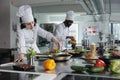 Head chef cooking food for dinner service while adding ingredients to meal.