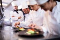 Head chef overlooking other chef preparing dish Royalty Free Stock Photo