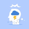 Head with cloud and lightning, psychology concept, control of emotions, critical thinking