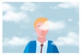 Head in the clouds, a businessman on background of sky with clouds and connections
