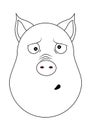 Head of clueless pig in outline style. Kawaii animal.