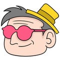 The head of a cool style old man wearing a yellow hat and red glasses, doodle icon drawing Royalty Free Stock Photo