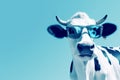 head copy funny cow background animal space eyeglass portrait sunglasses face blue. Generative AI.