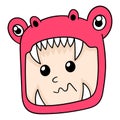 The head in the costume of a red sharp toothed monster, doodle icon drawing