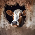 The head of a cow protrudes from a hole in the wall of the barn,