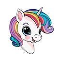 Head of cute baby unicorn with smile and big eyes, magical fairy pony with rainbow mane, flat cartoon vector Royalty Free Stock Photo