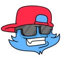 The head of a cute, cool faced creature wears an upside down hat and sunglasses. doodle icon drawing