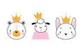 Head cute funny animals with golden crowns set. Bear, lamb and bunny little princess hand drawn vector illustration Royalty Free Stock Photo