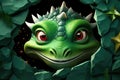 Head of cute happy green Dragon looking through ripped hole in paper Royalty Free Stock Photo