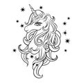 Head of a cute magical unicorn with stars. Black outline of a unicorn head, coloring book. Royalty Free Stock Photo