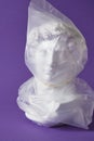head of david in a transparent plastic bag on a purple background copy space Royalty Free Stock Photo