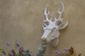 The head of a deer with horns hangs on a textured stucco wall. Garden figurine, decorative decoration. Royalty Free Stock Photo