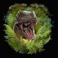 The head of a dinosaur peeps out of the ferns