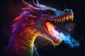 Head of a dragon breathing fire over black background - AI Generated