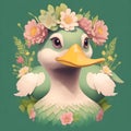ai illustration vintage duck face green branches pink flowers