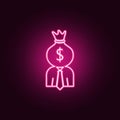 the head of an employee in the form of a money bag icon. Elements of HR & Heat hunting in neon style icons. Simple icon for