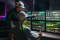 Head engineer and factory operator following product process on factory uses SCADA system and industry 4.0. Two operators controll Royalty Free Stock Photo