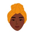 Head face Black woman wear headwrap turban hijab. Hand drawn vector illustration